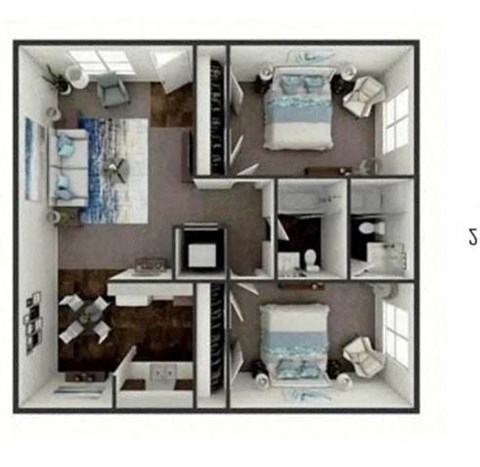 A dollhouse with a white frame and a brown floor.